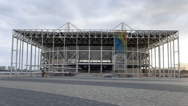 Oct 6, 2015; Rio de Janeiro, BRA; A general view of the Aquatics Venue during a venue tour in the Rio 2016 world press briefing. This venue is a temporary venue that will be deconstructed after the Olympic Games in August 2016. Mandatory Credit: Michael Madrid-USA TODAY Sports