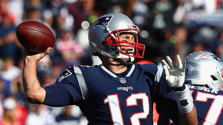 FOXBORO, MA - OCTOBER 01: Tom Brady #12 of the New England Patriots looks to pass during the second half against the Carolina Panthers at Gillette Stadium on October 1, 2017 in Foxboro, Massachusetts. (Photo by Maddie Meyer/Getty Images)