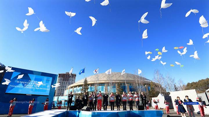 PYEONGCHANG-GUN, SOUTH KOREA - FEBRUARY 01: In this handout photograph provided by, The PyeongChang Organizing Committee for the Olympic and Paralympic Winter Games (POCOG), A general view during the PyeongChang 2018 Olympic Village opening ceremony at the PyeongChang 2018 Olympic Village Plaza on February 1, 2018 in Pyeongchang-gun, South Korea. (Photo by POCOG via Getty Images) PYEONGCHANG-GUN, SOUTH KOREA - FEBRUARY 01: In this handout photograph provided by, The PyeongChang Organizing Committee for the Olympic and Paralympic Winter Games (POCOG), A general view during the PyeongChang 2018 Olympic Village opening ceremony at the PyeongChang 2018 Olympic Village Plaza on February 1, 2018 in Pyeongchang-gun, South Korea. (Photo by POCOG via Getty Images)