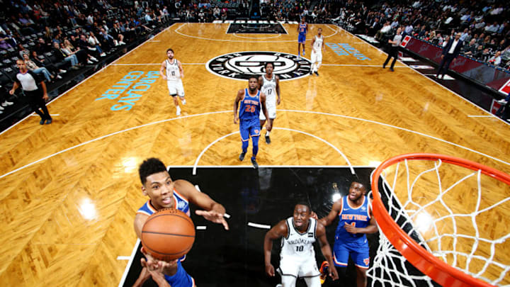 BROOKLYN, NY - OCTOBER 3: Allonzo Trier #14 of the New York Knicks shoots the ball against the Brooklyn Nets during a pre-season game on October 3, 2018 at Barclays Center in Brooklyn, New York. NOTE TO USER: User expressly acknowledges and agrees that, by downloading and or using this Photograph, user is consenting to the terms and conditions of the Getty Images License Agreement. Mandatory Copyright Notice: Copyright 2018 NBAE (Photo by Nathaniel S. Butler/NBAE via Getty Images)