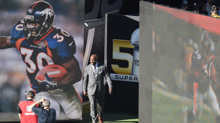 Feb 7, 2016; Santa Clara, CA, USA; Terrell Davis introduced before Super Bowl 50 at Levi's Stadium. Mandatory Credit: Ed Szczepanski-USA TODAY Sports