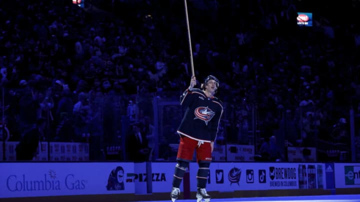 COLUMBUS, OH - MARCH 24: Kent Johnson #91 of the Columbus Blue Jackets skates on the ice after being recognized as the second star of the game against the New York Islanders at Nationwide Arena on March 24, 2023 in Columbus, Ohio. Columbus defeated New York 5-4 in overtime. (Photo by Kirk Irwin/Getty Images)