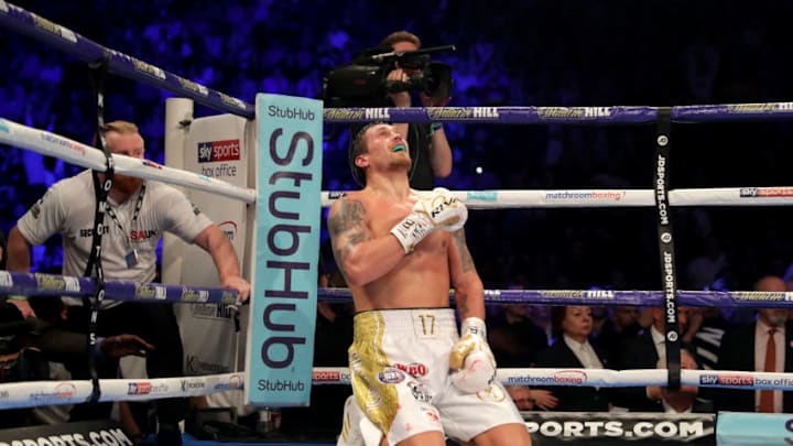 MANCHESTER, ENGLAND - NOVEMBER 10: Oleksandr Usyk of Ukraine celebrates victory over Tony Bellew of England after the WBC, WBA, WBO, IBF & Ring Magazine World Cruiserweight Title Fight between Oleksandr Usyk and Tony Bellew at Manchester Arena on November 10, 2018 in Manchester, England. (Photo by Richard Heathcote/Getty Images)