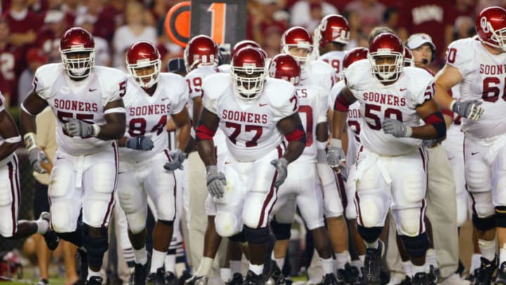 TUSCALOOSA, AL - SEPTEMBER 6: The Oklahoma Sooners offensive line emerges from a huddle against the Alabama Crimson Tide on September 6, 2003 in Tuscaloosa, Alabama. (Photo by Jamie Squire/Getty Images).