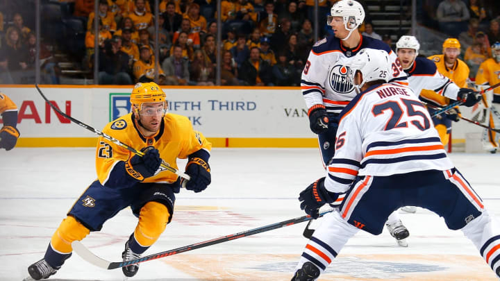 NASHVILLE, TN – OCTOBER 27: Rocco Grimaldi #23 of the Nashville Predators plays against the Edmonton Oilers during the first period at Bridgestone Arena on October 27, 2018 in Nashville, Tennessee. (Photo by Frederick Breedon/Getty Images)