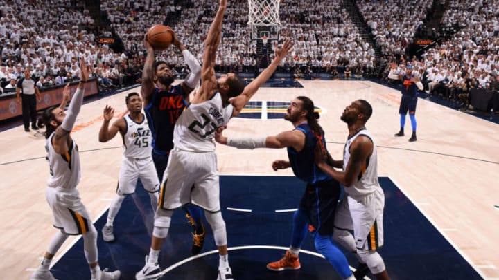 SALT LAKE CITY, UT - APRIL 23: Paul George #13 of the Oklahoma City Thunder goes to the basket against the Utah Jazz in Game Four of Round One of the 2018 NBA Playoffs on April 23, 2018 at vivint.SmartHome Arena in Salt Lake City, Utah. Copyright 2018 NBAE (Photo by Garrett Ellwood/NBAE via Getty Images)