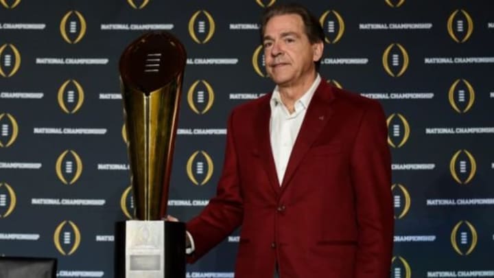 Jan 12, 2016; Scottsdale, AZ, USA; Alabama Crimson Tide head coach Nick Saban during a press conference at JW Marriott Camelback Inn. Mandatory Credit: Matt Kartozian-USA TODAY Sports