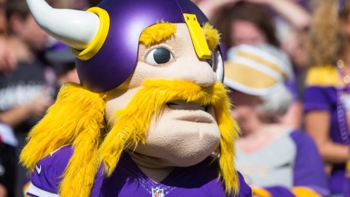 Sep 27, 2015; Minneapolis, MN, USA; Minnesota Vikings mascot Viktor before the game against the San Diego Chargers at TCF Bank Stadium. Mandatory Credit: Brad Rempel-USA TODAY Sports