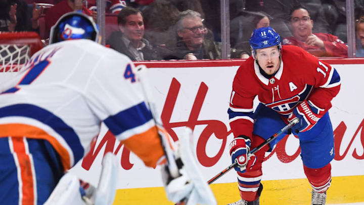 MONTREAL, QC - FEBRUARY 28: Montreal Canadiens Right Wing Brendan Gallagher (11) looks for a pass target during the New York Islanders versus the Montreal Canadiens game on February 28, 2018, at Bell Centre in Montreal, QC (Photo by David Kirouac/Icon Sportswire via Getty Images)