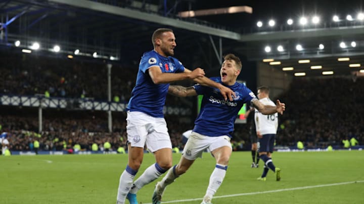 LIVERPOOL, ENGLAND - NOVEMBER 03: Cenk Tosun of Everton celebrates after scoring his sides first goal during the Premier League match between Everton FC and Tottenham Hotspur at Goodison Park on November 03, 2019 in Liverpool, United Kingdom. (Photo by Jan Kruger/Getty Images)