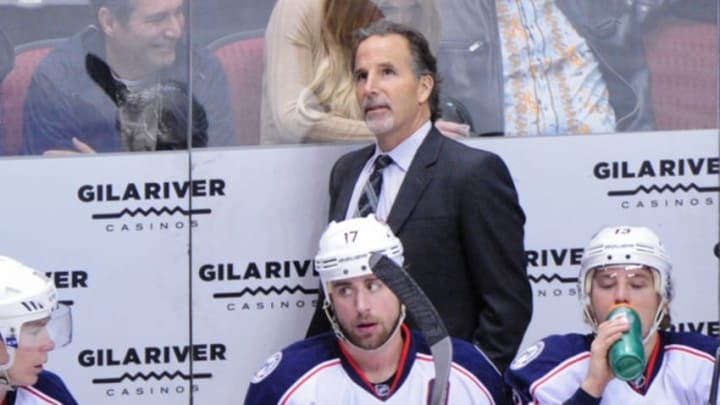 Dec 17, 2015; Glendale, AZ, USA; Columbus Blue Jackets head coach John Tortorella looks on during the third period against the Arizona Coyotes at Gila River Arena. Mandatory Credit: Matt Kartozian-USA TODAY Sports