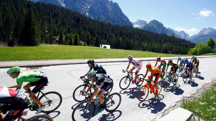 The pack rides during the 19th stage of 100th Giro d’Italia, Tour of Italy, from San Candido to Piancavallo of 191 km on May 26, 2017 in Piancavallo. / AFP PHOTO / Luk BENIES (Photo credit should read LUK BENIES/AFP/Getty Images)