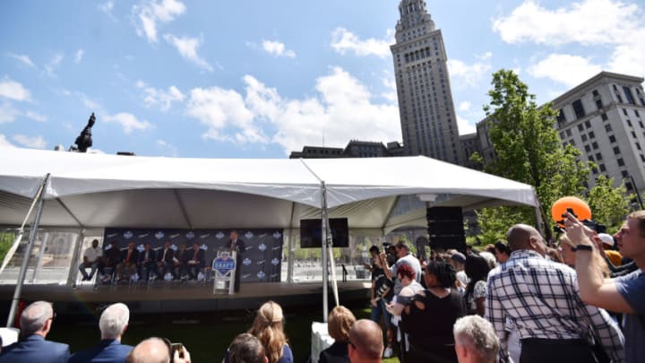 May 23, 2019; Cleveland, OH, USA; Voice of the Cleveland Browns Jim Donovan speaks during a press conference in Public Square to announce Cleveland as the host of the 2021 NFL draft. Mandatory Credit: Ken Blaze-USA TODAY Sports