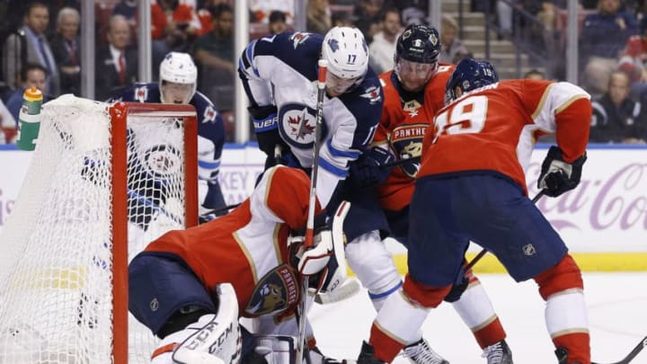 SUNRISE, FLORIDA - NOVEMBER 14: Sergei Bobrovsky #72 of the Florida Panthers defends a shot on goal by Adam Lowry #17 of the Winnipeg Jets during the second period at BB&T Center on November 14, 2019 in Sunrise, Florida. (Photo by Michael Reaves/Getty Images)