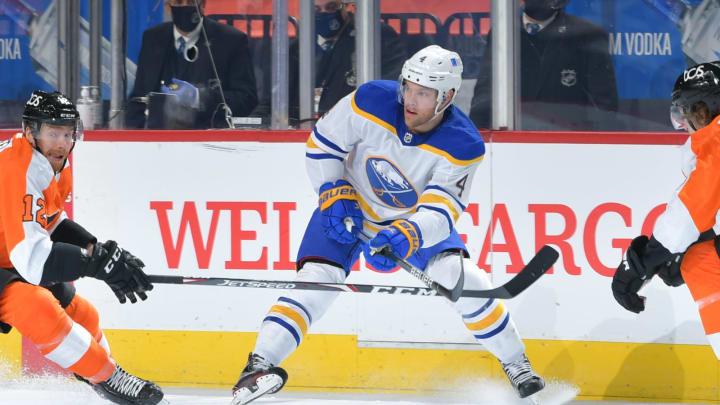 PHILADELPHIA, PA – JANUARY 19: Taylor Hall #4 of the Buffalo Sabres . (Photo by Drew Hallowell/Getty Images)