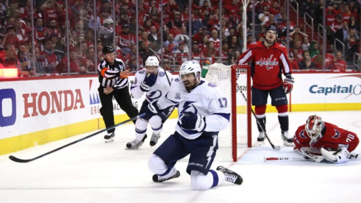 WASHINGTON, DC - MAY 17: Alex Killorn #17 of the Tampa Bay Lightning celebrates after scoring a goal on Braden Holtby #70 of the Washington Capitals during the third period in Game Four of the Eastern Conference Finals during the 2018 NHL Stanley Cup Playoffs at Capital One Arena on May 17, 2018 in Washington, DC. (Photo by Bruce Bennett/Getty Images)