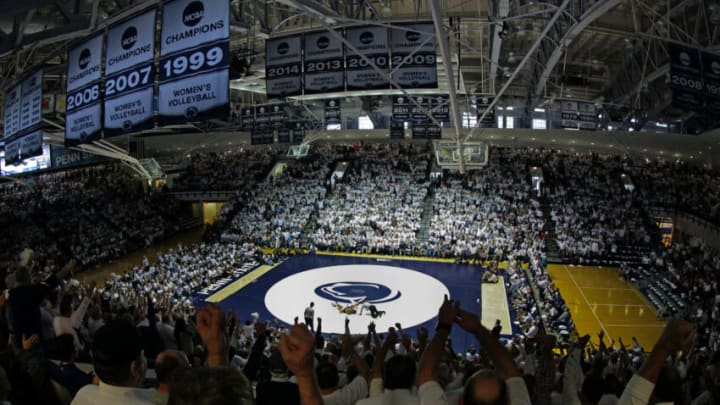 STATE COLLEGE, PA - JANUARY 31: A view of the sell out crowd cheering during a match between the Penn State Nittany Lions and the Michigan Wolverines on January 31, 2016 at Recreation Hall on the campus of Penn State University in State College, Pennsylvania. Penn State won 35-7. (Photo by Hunter Martin/Getty Images)