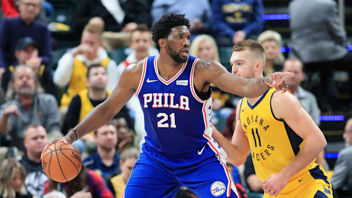 INDIANAPOLIS, IN - NOVEMBER 07: Joel Emblid #21 of the Philadelphia 76ers dribbles the ball against the Indiana Pacers at Bankers Life Fieldhouse on November 7, 2018 in Indianapolis, Indiana. NOTE TO USER: User expressly acknowledges and agrees that, by downloading and or using this photograph, User is consenting to the terms and conditions of the Getty Images License Agreement. (Photo by Andy Lyons/Getty Images)