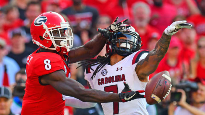 ATHENS, GA - NOVEMBER 4: JaMarcus King #7 of the South Carolina Gamecocks breaks up a pass intended for Riley Ridley #8 of the Georgia Bulldogs at Sanford Stadium on November 4, 2017 in Athens, Georgia. (Photo by Scott Cunningham/Getty Images)