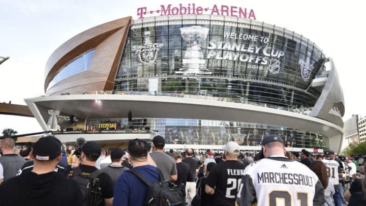 LAS VEGAS, NV - APRIL 11: An exterior view shows T-Mobile Arena prior to Game One of the Western Conference First Round during the 2018 NHL Stanley Cup Playoffs between the Los Angeles Kings and the Vegas Golden Knights on April 11, 2018 in Las Vegas, Nevada. (Photo by Jeff Bottari/NHLI via Getty Images)