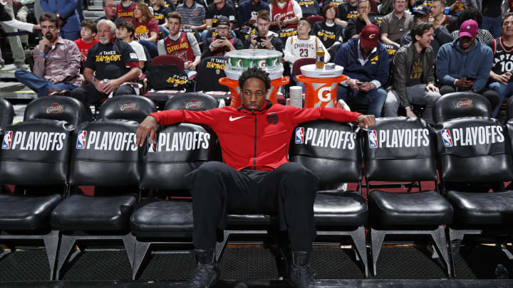 CLEVELAND, OH – MAY 5: DeMar DeRozan #10 of the Toronto Raptors looks on against the Cleveland Cavaliers During Game Three of the Eastern Conference Semi Finals of the 2018 NBA Playoffs on May 5, 2018 at Quicken Loans Arena in Cleveland, Ohio. NOTE TO USER: User expressly acknowledges and agrees that, by downloading and/or using this Photograph, user is consenting to the terms and conditions of the Getty Images License Agreement. Mandatory Copyright Notice: Copyright 2018 NBAE (Photo by Jeff Haynes/NBAE via Getty Images)