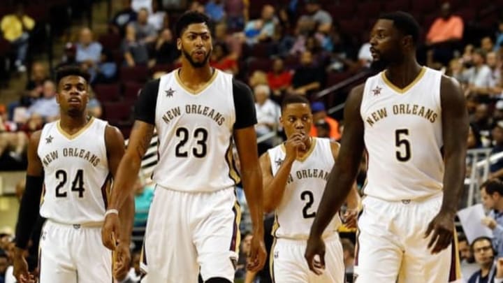 Oct 1, 2016; Bossier City, LA, USA; New Orleans Pelicans guard Buddy Hield (24) and forward Anthony Davis (23) and guard Tim Frazier (2) and guard Lance Stephenson (5) walk onto the court after a time out against the Dallas Mavericks during a game at CenturyLink Center. New Orleans won 116-102. Mandatory Credit: Ray Carlin-USA TODAY Sports