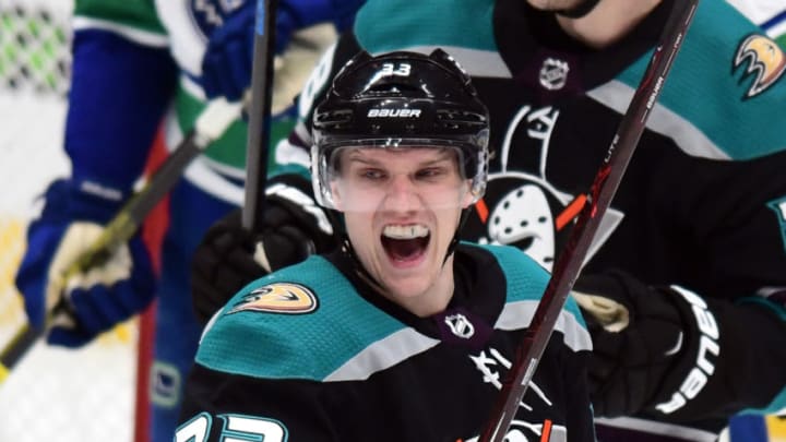 ANAHEIM, CA - FEBRUARY 13: Anaheim Ducks rightwing Jakob Silfverberg (33) reacts after scoring a goal during the first period of a game against the Vancouver Canucks played on February 13, 2019 at the Honda Center in Anaheim, CA. (Photo by John Cordes/Icon Sportswire via Getty Images)