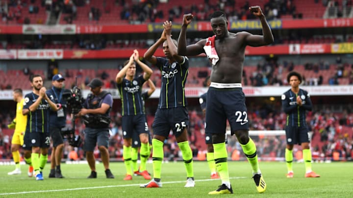 LONDON, ENGLAND - AUGUST 12: Manchester City players celebrate victory following the Premier League match between Arsenal FC and Manchester City at Emirates Stadium on August 12, 2018 in London, United Kingdom. (Photo by Michael Regan/Getty Images)
