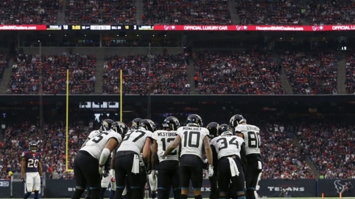 HOUSTON, TX – DECEMBER 30: The Jacksonville Jaguars huddle in the second quarter against the Houston Texans at NRG Stadium on December 30, 2018 in Houston, Texas. (Photo by Tim Warner/Getty Images)