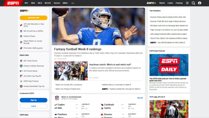 Screencap of ESPN.com, 11:55 AM, October 27, 2019