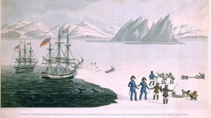 John Sacheuse's sketch shows John Ross and William Edward Parry (in blue naval uniforms) meeting Inughuit in northwestern Greenland.