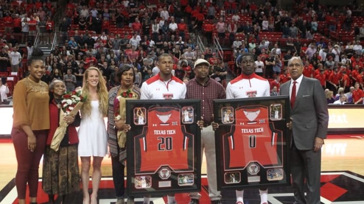 Mar 5, 2016; Lubbock, TX, USA; Texas Tech Red Raiders guard Devaugntah Williams (0) and guard Toddrick Gotcher (20) are presented their jerseys on senior day before the game with the Kansas State Wildcats at United Supermarkets Arena. Texas Tech defeated Kansas State 80-71. Mandatory Credit: Michael C. Johnson-USA TODAY Sports