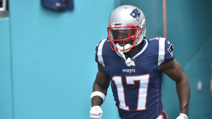 MIAMI, FL - SEPTEMBER 15: Antonio Brown #17 of the New England Patriots during warmups before the start of the game against the Miami Dolphins at Hard Rock Stadium on September 15, 2019 in Miami, Florida. (Photo by Eric Espada/Getty Images)