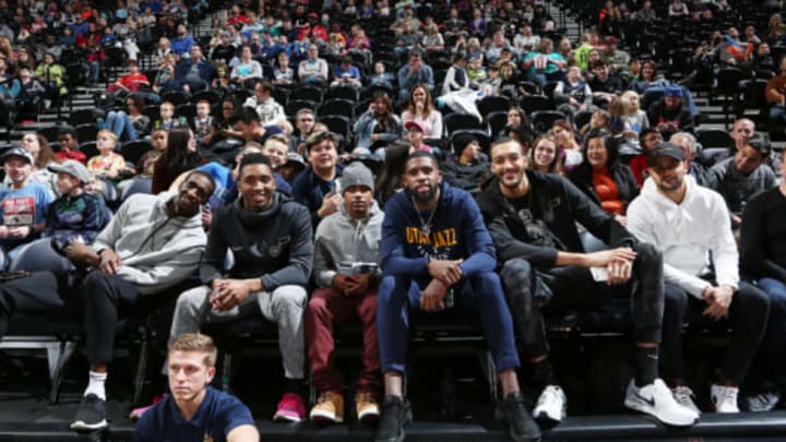 SALT LAKE CITY, UT – NOVEMBER 27: Ekpe Udoh #33, Donovan Mitchell #45, Royce O’Neale #23, Rudy Gobert #27 and Raul Neto #25 of the Utah Jazz sit curtsied during the Salt Lake City Stars game against the Rio Grande Valley Vipers at vivint.SmartHome Arena on November 27, 2017 in Salt Lake City, Utah. Copyright 2017 NBAE (Photo by Melissa Majchrzak/NBAE via Getty Images) Ekpe Udoh; Donovan Mitchell; Royce O’Neale; Rudy Gobert; Raul Neto