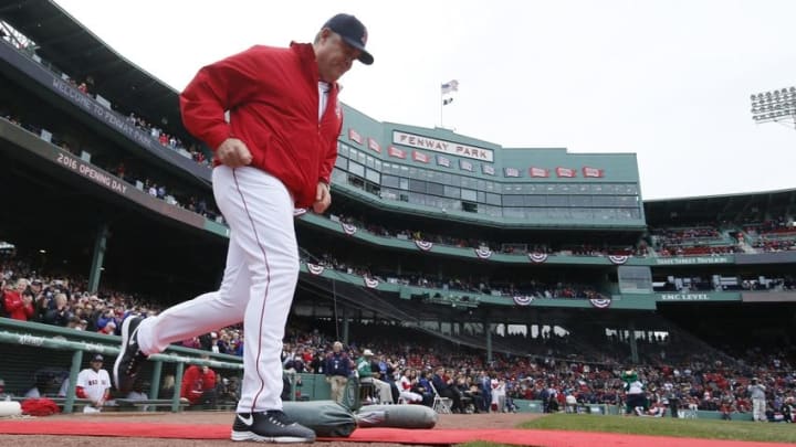 Apr 11, 2016; Boston, MA, USA; Boston Red Sox manager John Farrell (53) takes the field before the Red Sox home opener against the Baltimore Orioles at Fenway Park. Mandatory Credit: David Butler II-USA TODAY Sports