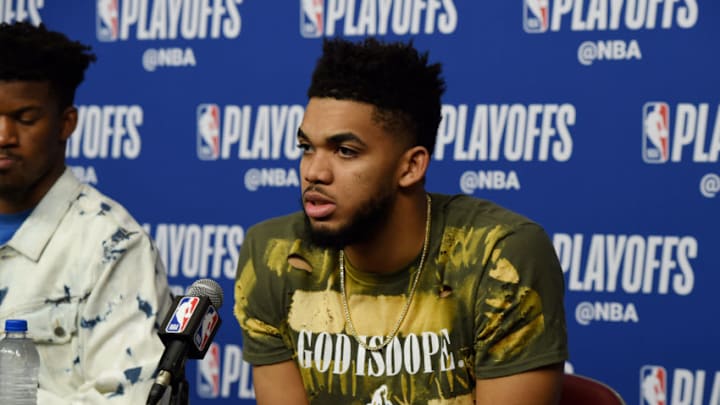HOUSTON, TX - APRIL 15: Karl-Anthony Towns #32 of the Minnesota Timberwolves. Copyright 2018 NBAE (Photo by Bill Baptist/NBAE via Getty Images)