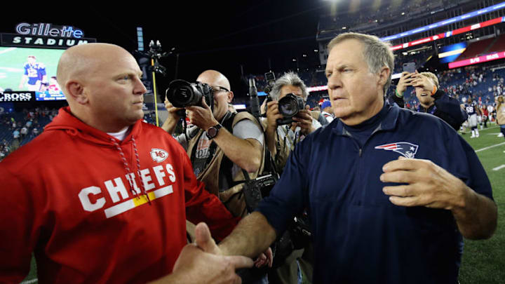 FOXBORO, MA - SEPTEMBER 07: Head coach Bill Belichick of the New England Patriots shakes hands with head coach Andy Reid of the Kansas City Chiefs (not pictured) after the Kansas City Chiefs defeated the New England Patriots 42-27 at Gillette Stadium on September 7, 2017 in Foxboro, Massachusetts. (Photo by Adam Glanzman/Getty Images) FOXBORO, MA - SEPTEMBER 07: Head coach Bill Belichick of the New England Patriots shakes hands with head coach Andy Reid of the Kansas City Chiefs (not pictured) after the Kansas City Chiefs defeated the New England Patriots 42-27 at Gillette Stadium on September 7, 2017 in Foxboro, Massachusetts. (Photo by Adam Glanzman/Getty Images)