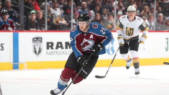 DENVER, CO - FEBRUARY 18: Nathan MacKinnon #29 of the Colorado Avalanche skates against the Vegas Golden Knights at the Pepsi Center on February 18, 2019 in Denver, Colorado. (Photo by Michael Martin/NHLI via Getty Images)