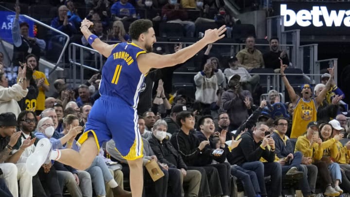 SAN FRANCISCO, CALIFORNIA - FEBRUARY 24: Klay Thompson #11 of the Golden State Warriors reacts after making a three-point shot against the Houston Rockets during the fourth quarter at Chase Center on February 24, 2023 in San Francisco, California. NOTE TO USER: User expressly acknowledges and agrees that, by downloading and or using this photograph, User is consenting to the terms and conditions of the Getty Images License Agreement. (Photo by Thearon W. Henderson/Getty Images)