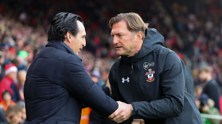 SOUTHAMPTON, ENGLAND - DECEMBER 16: Unai Emery manager / head coach of Arsenal and Ralph Hasenhuttl manager of Southampton shake hands prior to the Premier League match between Southampton FC and Arsenal FC at St Mary's Stadium on December 16, 2018 in Southampton, United Kingdom. (Photo by Catherine Ivill/Getty Images)