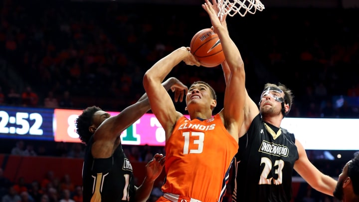 CHAMPAIGN, ILLINOIS – NOVEMBER 26: Benjamin Bosmans-Verdonk #13 of the Illinois Fighting Illini has his shot blocked by Kace Kitchel #23 of the Lindenwood Lions at State Farm Center on November 26, 2019 in Champaign, Illinois. (Photo by Justin Casterline/Getty Images)