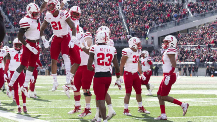 COLUMBUS, OH - NOVEMBER 03: Defensive back Avery Anderson #4 of the Nebraska Cornhuskers and defensive back Lamar Jackson #21 of the Nebraska Cornhuskers celebrate after an inception during the game between the Ohio State Buckeyes and the Nebraska Cornhuskers at Ohio Stadium on November 3, 2018. (Photo by Jason Mowry/Icon Sportswire via Getty Images)