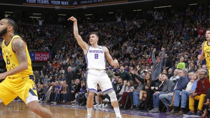 SACRAMENTO, CA - DECEMBER 1: Bogdan Bogdanovic #8 of the Sacramento Kings shoots a three pointer against the Indiana Pacers on December 1, 2018 at Golden 1 Center in Sacramento, California. NOTE TO USER: User expressly acknowledges and agrees that, by downloading and or using this photograph, User is consenting to the terms and conditions of the Getty Images Agreement. Mandatory Copyright Notice: Copyright 2018 NBAE (Photo by Rocky Widner/NBAE via Getty Images)