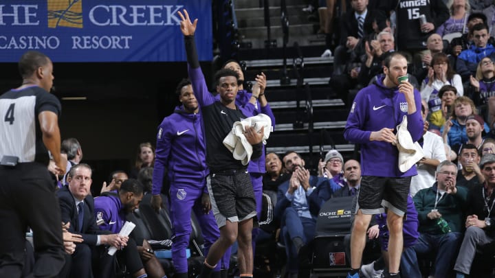 SACRAMENTO, CA – JANUARY 3: Buddy Hield #24 of the Sacramento Kings celebrates with bench after play against the Denver Nuggets on January 3, 2019 at Golden 1 Center in Sacramento, California. NOTE TO USER: User expressly acknowledges and agrees that, by downloading and/or using this photograph, user is consenting to the terms and conditions of the Getty Images License Agreement. Mandatory Copyright Notice: Copyright 2019 NBAE (Photo by Rocky Widner/NBAE via Getty Images)