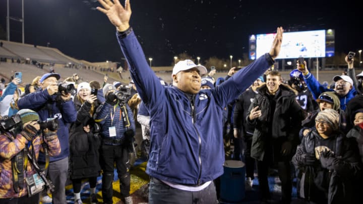 Dec 17, 2022; Albuquerque, New Mexico, USA; Brigham Young Cougars head coach Kalani SitakeÊblows a kiss to fans after being given a Gatorade bath after defeating the Southern Methodist Mustangs at University Stadium (Albuquerque). Mandatory Credit: Ivan Pierre Aguirre-USA TODAY Sports