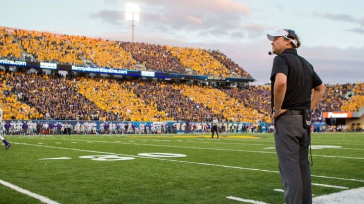 Oct 1, 2016; Morgantown, WV, USA; West Virginia Mountaineers head coach Dana Holgorsen stands on the sidelines during the fourth quarter against the Kansas State Wildcats at Milan Puskar Stadium. Mandatory Credit: Ben Queen-USA TODAY Sports