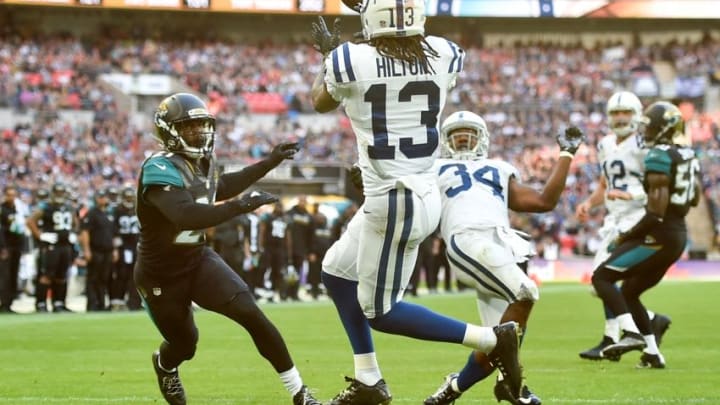 Oct 2, 2016; London, United Kingdom; T.Y. Hilton (13) of the Indianapolis Colts catches a two yard touchdown pass against the Jacksonville Jaguars during the fourth quarter at Wembley Stadium. Mandatory Credit: Steve Flynn-USA TODAY Sports