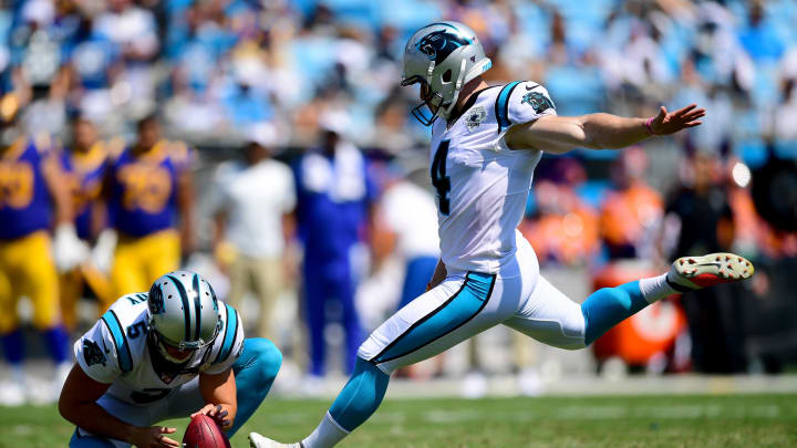 CHARLOTTE, NORTH CAROLINA – SEPTEMBER 08: Joey Slye #4 of the Carolina Panthers makes a field goal at the end of the second quarter during their game against the Los Angeles Rams at Bank of America Stadium on September 08, 2019 in Charlotte, North Carolina. (Photo by Jacob Kupferman/Getty Images)