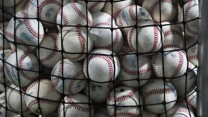 CHICAGO, ILLINOIS - APRIL 28: A detail shot of batting practice balls at Guaranteed Rate Field on April 28, 2022 in Chicago, Illinois. (Photo by David Banks/Getty Images)