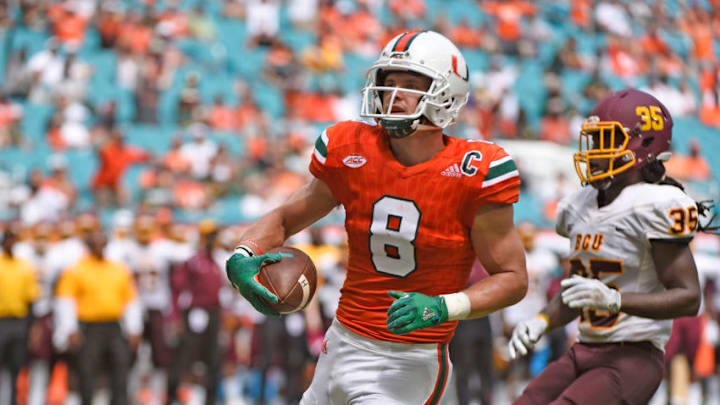 MIAMI GARDENS, FL - SEPTEMBER 02: University of Miami wide receiver Braxton Berrios (8) scores during an NCAA football game between Bethune-Cookman University and the University of Miami Hurricanes on September 2, 2017 at Hard Rock Stadium, Miami Gardens, Florida. Miami defeated Bethune-Cookman 41-13. (Photo by Richard C. Lewis/Icon Sportswire via Getty Images)